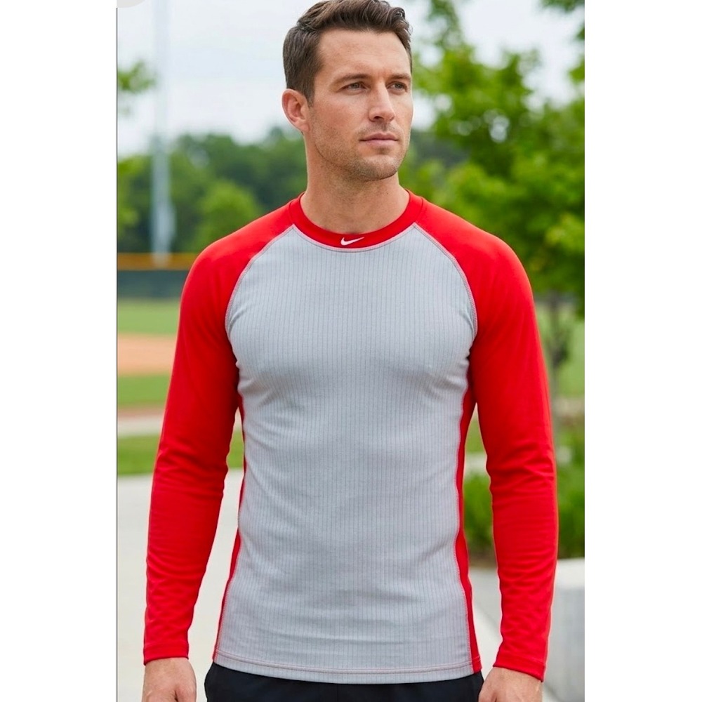 Nike Dri-FIT Baseball Long Sleeve Shirt Center Swoosh Grey Red DC7429-053 Large